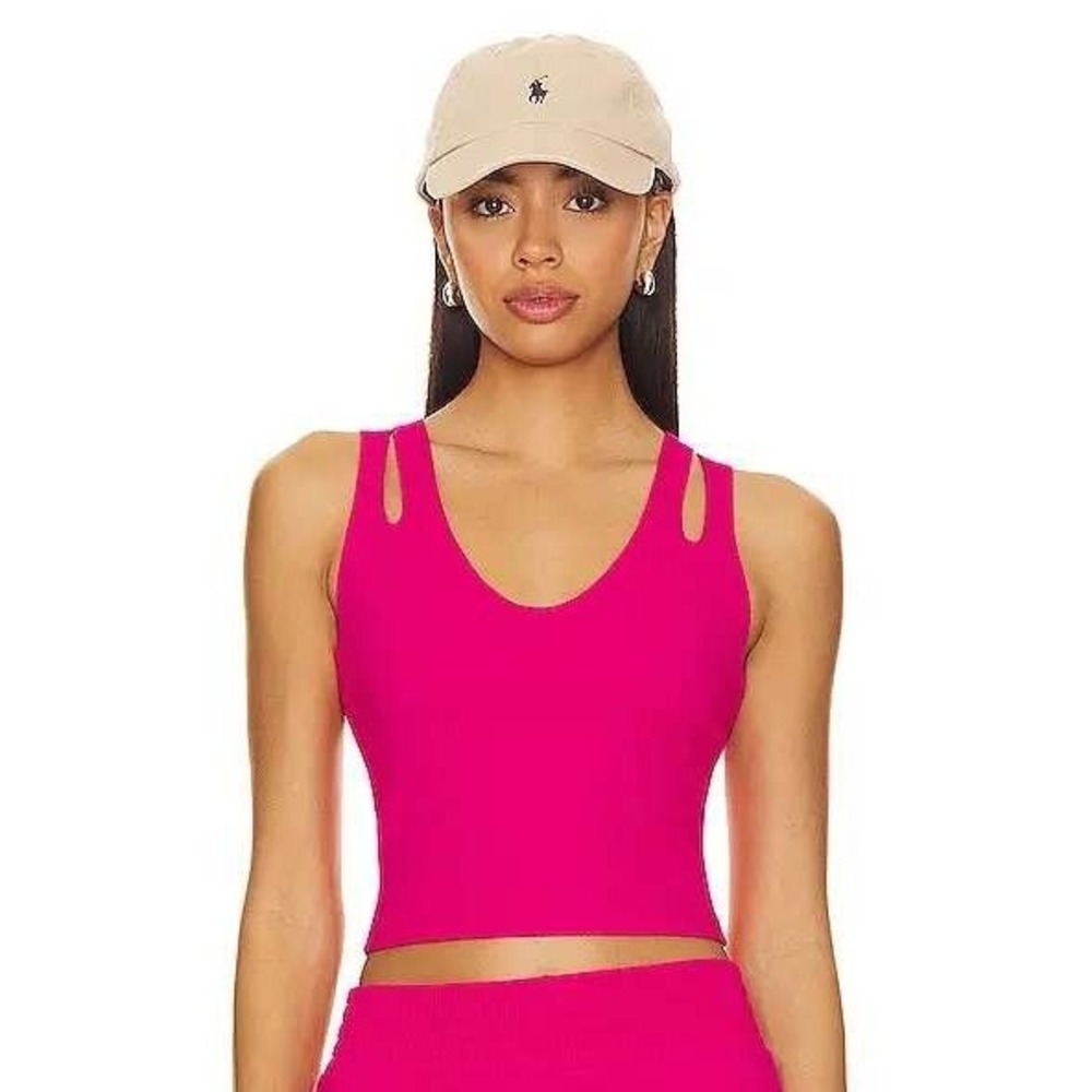 Beach Riot Sport Evelina Top Hot Pink Waffle Built in Bra VNeck Crop Tank Small